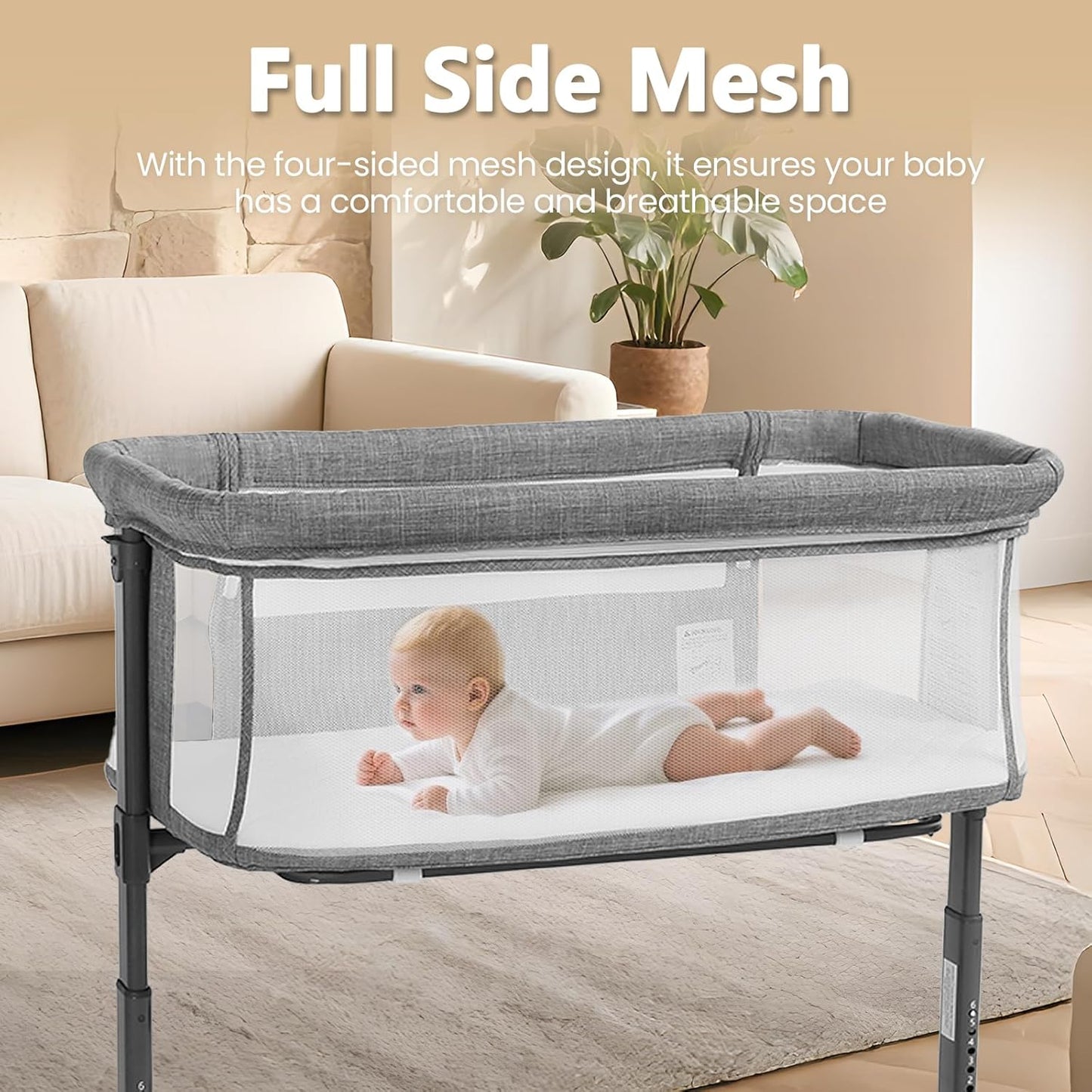 Kinder King Baby Bassinet Bedside Sleeper, Newborn Baby Bedside Crib w/Wheels, All-Sided Mesh, Adjustable Height, Removable Soft Mattress, No Tool to Assemble, Grey
