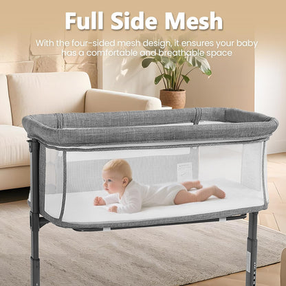Kinder King Baby Bassinet Bedside Sleeper, Newborn Baby Bedside Crib w/Wheels, All-Sided Mesh, Adjustable Height, Removable Soft Mattress, No Tool to Assemble, Grey