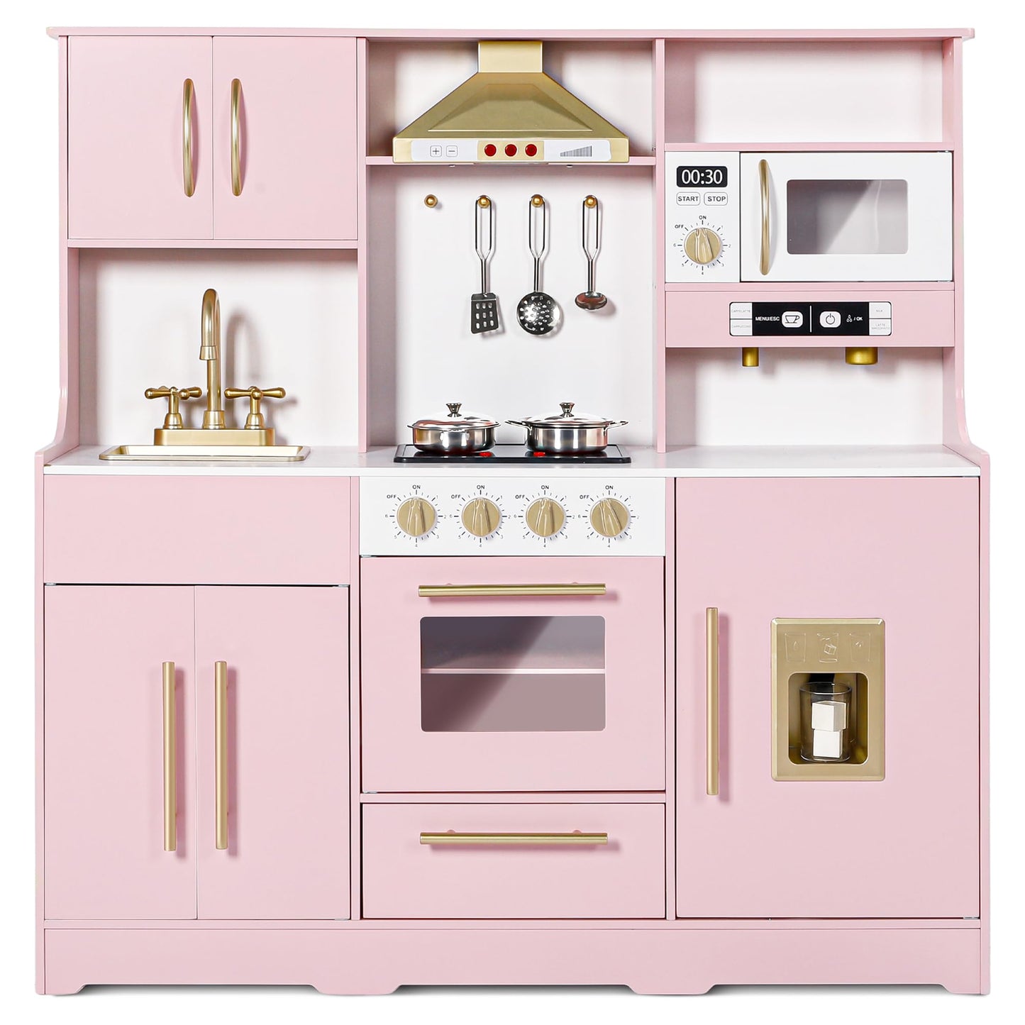 Kinder King Wooden Kids Play Kitchen, Toy Kitchen Playset for Toddler, Play Kitchen Set w/Real Sounds, Pretend Coffee Machine, Kitchen Hood, Sink, Ice Maker, Gift for Boys Girls Age 3+, Pink
