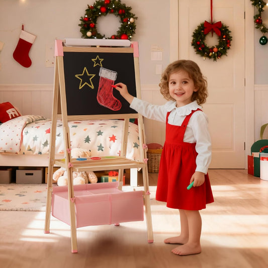 Kinder King 3 in 1 Wooden Kids Easel, Adjustable Double-Sided Art Easel for Kids, Magnetic Whiteboard & Chalkboard, Paper Roller, Art Supplies, Painting Drawing Easel Toddler, Pink