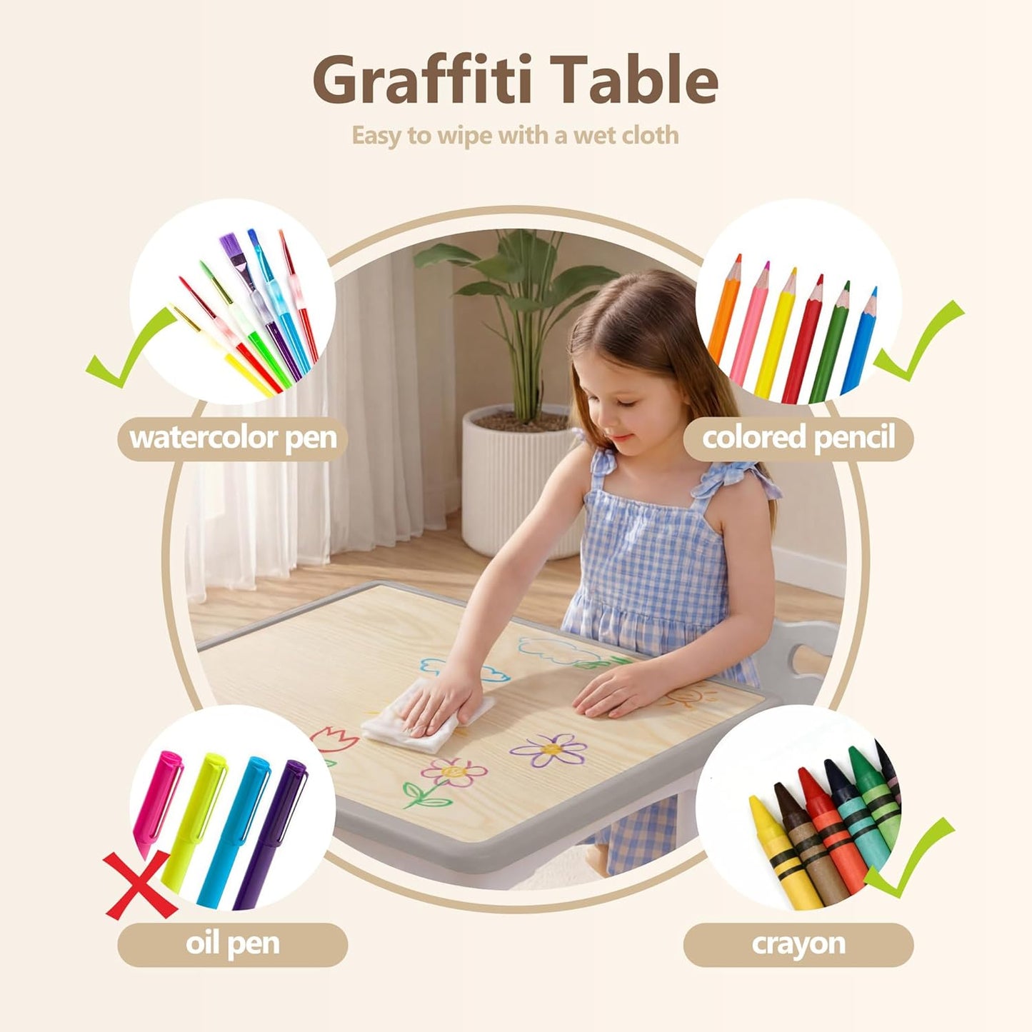 Kinder King Kids Table & 2 Chairs Set, Height Adjustable Children Activity Table, Graffiti Tabletop, Toddler Furniture Set for Classroom, Daycare, Home, Age 3+, Grey