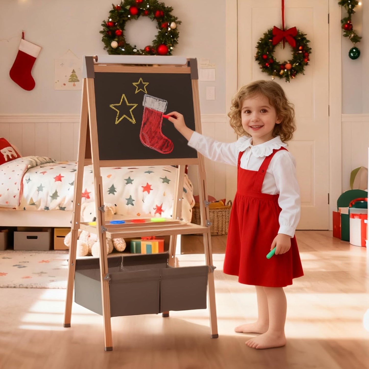 Kinder King 3 in 1 Wooden Kids Easel, Adjustable Double-Sided Art Easel for Kids, Magnetic Whiteboard & Chalkboard, Paper Roller, Art Supplies, Painting Drawing Easel Toddler,Gray