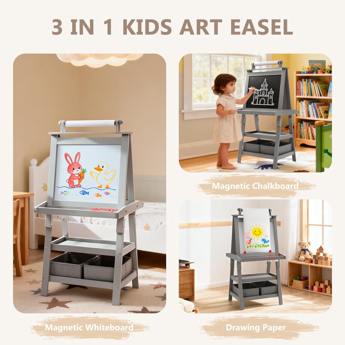 Kinder King 3 in 1 Kids Art Easel w/Storage, Double-Sided Magnetic Whiteboard & Chalkboard, Dry-Erase Board w/Paper Roller, Toddler Children Standing Easel for Painting & Drawing, Accessories(Grey)