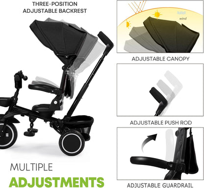 Kinder King Kids Tricycle, 8 in 1 Folding Toddler Trike w/Adjustable Push Handle, Rotatable Seat, Adjustable Canopy, Bell, Five-Point Harness, Storage, Bike Tricycle for Toddlers 1-3, Black