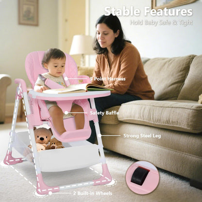 Kinder King Convertible Baby High Chair, Adjustable Feeding Chair for Babies and Toddlers with Removable Double Tray, Simple Compact Fold for Space-Saving, 2 Built-in Wheels, Easy to Clean, Pink