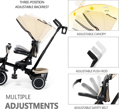 Kinder King Kids Tricycle, 8 in 1 Folding Toddler Trike w/Adjustable Push Handle, Rotatable Seat, Adjustable Canopy, Bell, Five-Point Harness, Storage, Bike Tricycle for Toddlers 1-3, Khaki