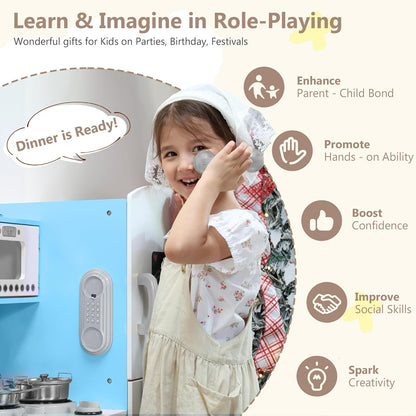 Kinder King Wooden Kids Play Kitchen, Toy Kitchen Playset for Toddler, Pretend Oven, Microwave, Telephone, Chalkboard, Interactive Doors, Knobs, Realistic Kitchen Sets for Boys Girls Age 3+, Blue