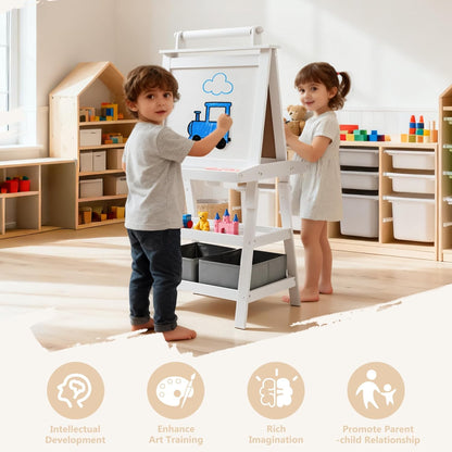 Kinder King 3 in 1 Kids Art Easel w/Storage, Double-Sided Magnetic Whiteboard & Chalkboard, Dry-Erase Board w/Paper Roller, Toddler Children Standing Easel for Painting & Drawing, Accessories, White
