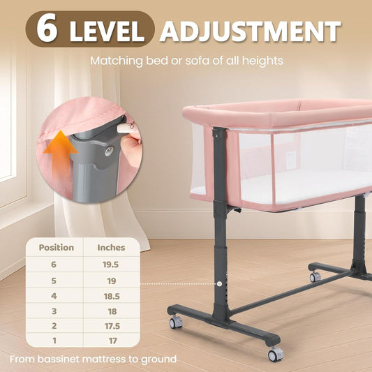 Kinder King Baby Bassinet Bedside Sleeper, Newborn Baby Bedside Crib w/Wheels, All-Sided Mesh, Adjustable Height, Removable Soft Mattress, No Tool to Assemble, Pink