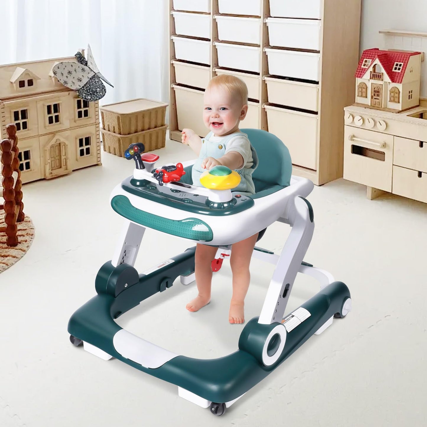 Kinder King Baby Walker with Music & Lights, 5 in 1 Baby Activity Walker with Wheel, Adjustable Height & Seat, Learning-Seated & Toddler Walk-Behind, Safety Bumper, Infant Walker Anti-Rollover, Green