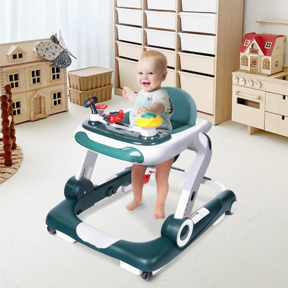 Kinder King Baby Walker with Music & Lights, 5 in 1 Baby Activity Walker with Wheel, Adjustable Height & Seat, Learning-Seated & Toddler Walk-Behind, Safety Bumper, Infant Walker Anti-Rollover, Green
