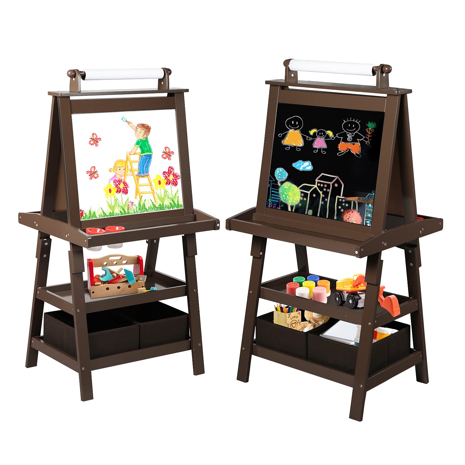 Kinder King 3 in 1 Kids Art Easel w/Storage, Double-Sided Magnetic Whiteboard & Chalkboard, Dry-Erase Board w/Paper Roller, Toddler Children Standing Easel for Painting & Drawing, Accessories, Coffee