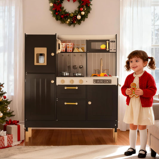 Kinder King Wooden Kids Play Kitchen, Kitchen Playset for Toddler Kid, Play Kitchen Toy Set w/Real Sounds, Pretend Microwave Oven, Ice Maker, Telephone, Gift for Boys Girls Age 3+,Black