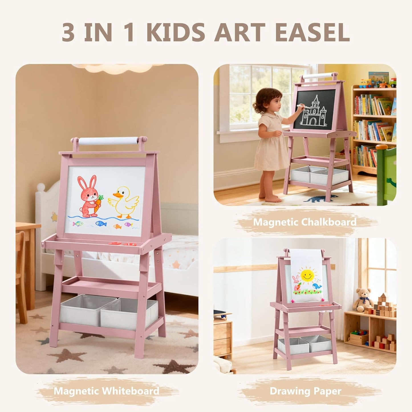 Kinder King 3 in 1 Kids Art Easel w/Storage, Double-Sided Magnetic Whiteboard & Chalkboard, Dry-Erase Board w/Paper Roller, Toddler Children Standing Easel for Painting & Drawing, Accessories, Pink