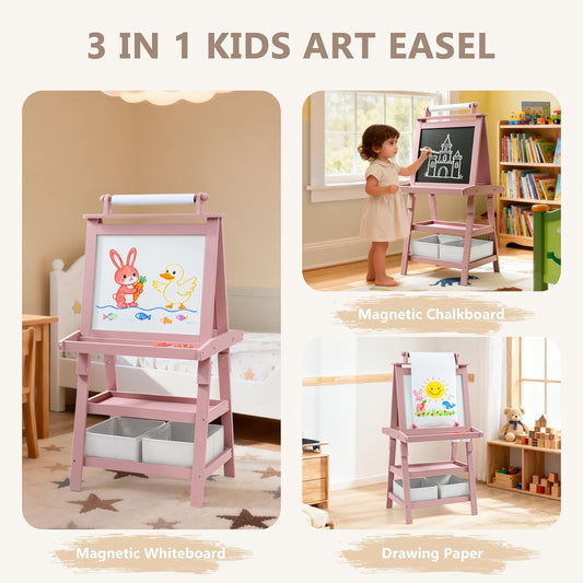 Kinder King 3 in 1 Kids Art Easel w/Storage, Double-Sided Magnetic Whiteboard & Chalkboard, Dry-Erase Board w/Paper Roller, Toddler Children Standing Easel for Painting & Drawing, Accessories, Pink