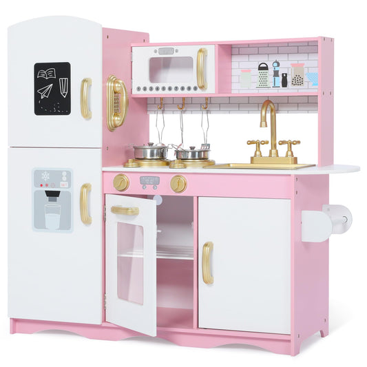Kinder King Wooden Kids Play Kitchen, Toy Kitchen Playset for Toddler, Pretend Oven, Microwave, Telephone, Chalkboard, Interactive Doors, Knobs, Realistic Kitchen Sets for Boys Girls Age 3+, Gold