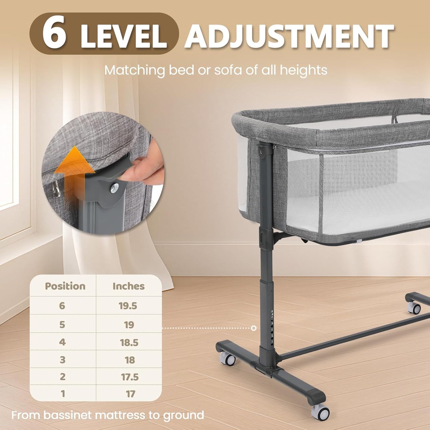 Kinder King Baby Bassinet Bedside Sleeper, Newborn Baby Bedside Crib w/Wheels, All-Sided Mesh, Adjustable Height, Removable Soft Mattress, No Tool to Assemble, Grey