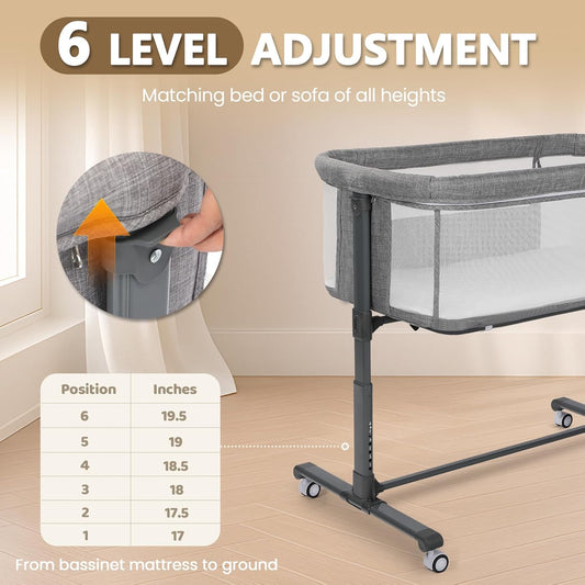Kinder King Baby Bassinet Bedside Sleeper, Newborn Baby Bedside Crib w/Wheels, All-Sided Mesh, Adjustable Height, Removable Soft Mattress, No Tool to Assemble, Grey