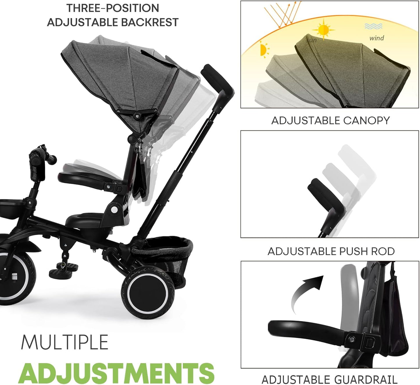Kinder King Kids Tricycle, 8 in 1 Folding Toddler Trike w/Adjustable Push Handle, Rotatable Seat, Adjustable Canopy, Bell, Five-Point Harness, Storage, Bike Tricycle for Toddlers 1-3, Grey