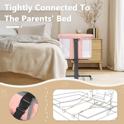 Kinder King Baby Bassinet Bedside Sleeper, Newborn Baby Bedside Crib w/Wheels, All-Sided Mesh, Adjustable Height, Removable Soft Mattress, No Tool to Assemble, Pink