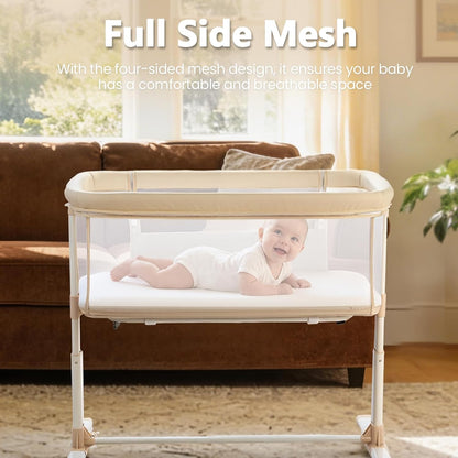 Kinder King Baby Bassinet Bedside Sleeper, Newborn Baby Bedside Crib w/Wheels, All-Sided Mesh, Adjustable Height, Removable Soft Mattress, No Tool to Assemble, Beige