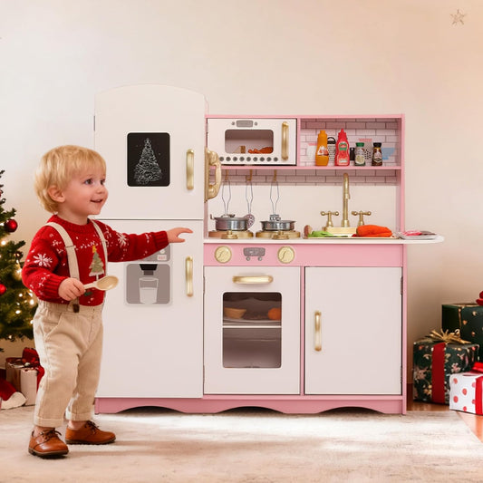 Kinder King Wooden Kids Play Kitchen, Toy Kitchen Playset for Toddler, Pretend Oven, Microwave, Telephone, Chalkboard, Interactive Doors, Knobs, Realistic Kitchen Sets for Boys Girls Age 3+, Gold