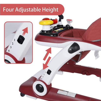 Kinder King Baby Walker with Music & Lights, 5 in 1 Baby Activity Walker with Wheel, Adjustable Height & Seat, Learning-Seated & Toddler Walk-Behind, Safety Bumper, Infant Walker Anti-Rollover, Red
