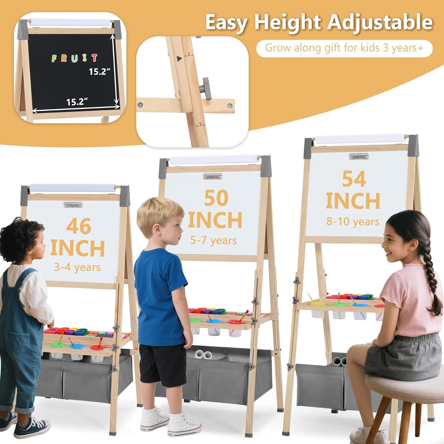 Kinder King 3 in 1 Wooden Kids Easel, Adjustable Double-Sided Art Easel for Kids, Magnetic Whiteboard & Chalkboard, Paper Roller, Art Supplies, Painting Drawing Easel Toddler,Gray