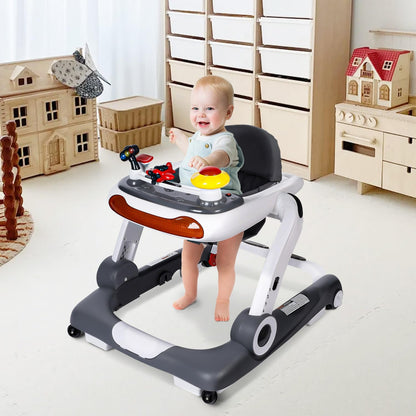 Kinder King Baby Walker with Music & Lights, 5 in 1 Baby Activity Walker with Wheel, Adjustable Height & Seat, Learning-Seated & Toddler Walk-Behind, Safety Bumper, Infant Walker Anti-Rollover, Grey