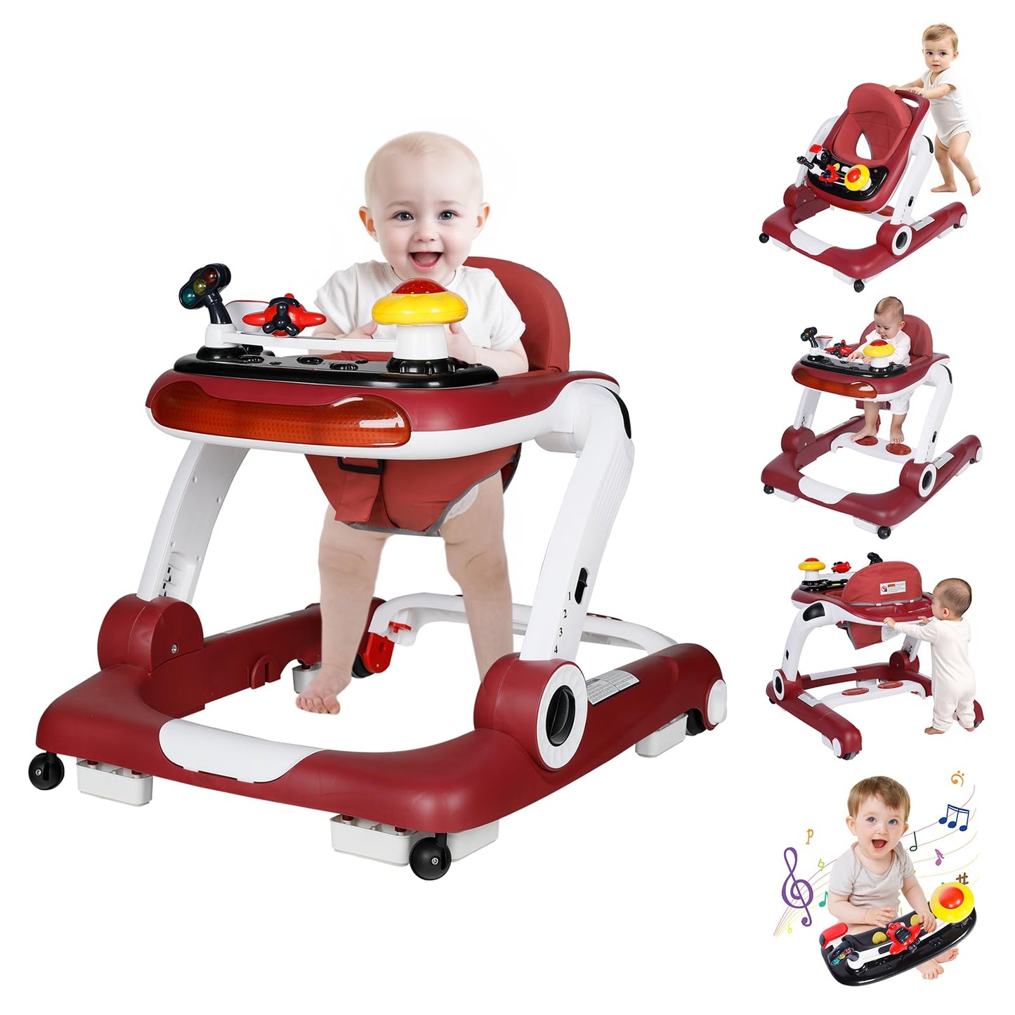 Kinder King Baby Walker with Music & Lights, 5 in 1 Baby Activity Walker with Wheel, Adjustable Height & Seat, Learning-Seated & Toddler Walk-Behind, Safety Bumper, Infant Walker Anti-Rollover, Red
