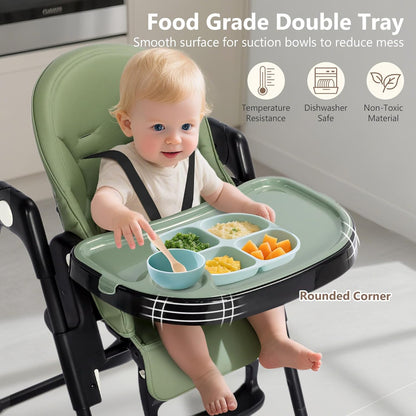 Kinder King Convertible High Chair for Babies & Toddlers, Adjustable Baby Feeding High Chair with Removable Double Tray, Simple Compact Fold for Space-Saving, 2 Built-in Wheels, Easy to Clean, Green