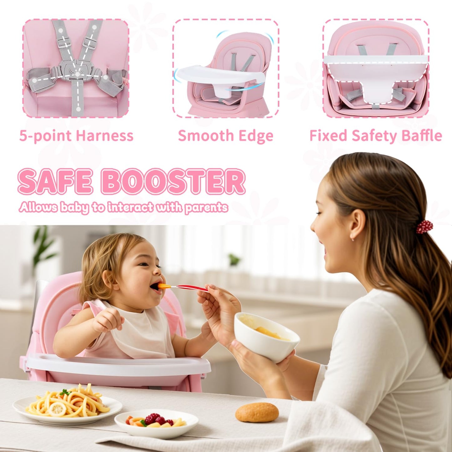 Kinder King 8 in 1 Baby High Chair, Coverts to Dining Booster Seat/Kids Table & Chair Set/Toddler Building Block Table/Kids Stool, Removable Tray & Double Seat Cover, Easy to Wipe, Pink & White
