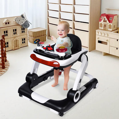 Kinder King Baby Walker with Music & Lights, 5 in 1 Baby Activity Walker with Wheel, Adjustable Height & Seat, Learning-Seated & Toddler Walk-Behind, Safety Bumper, Infant Walker Anti-Rollover, Black