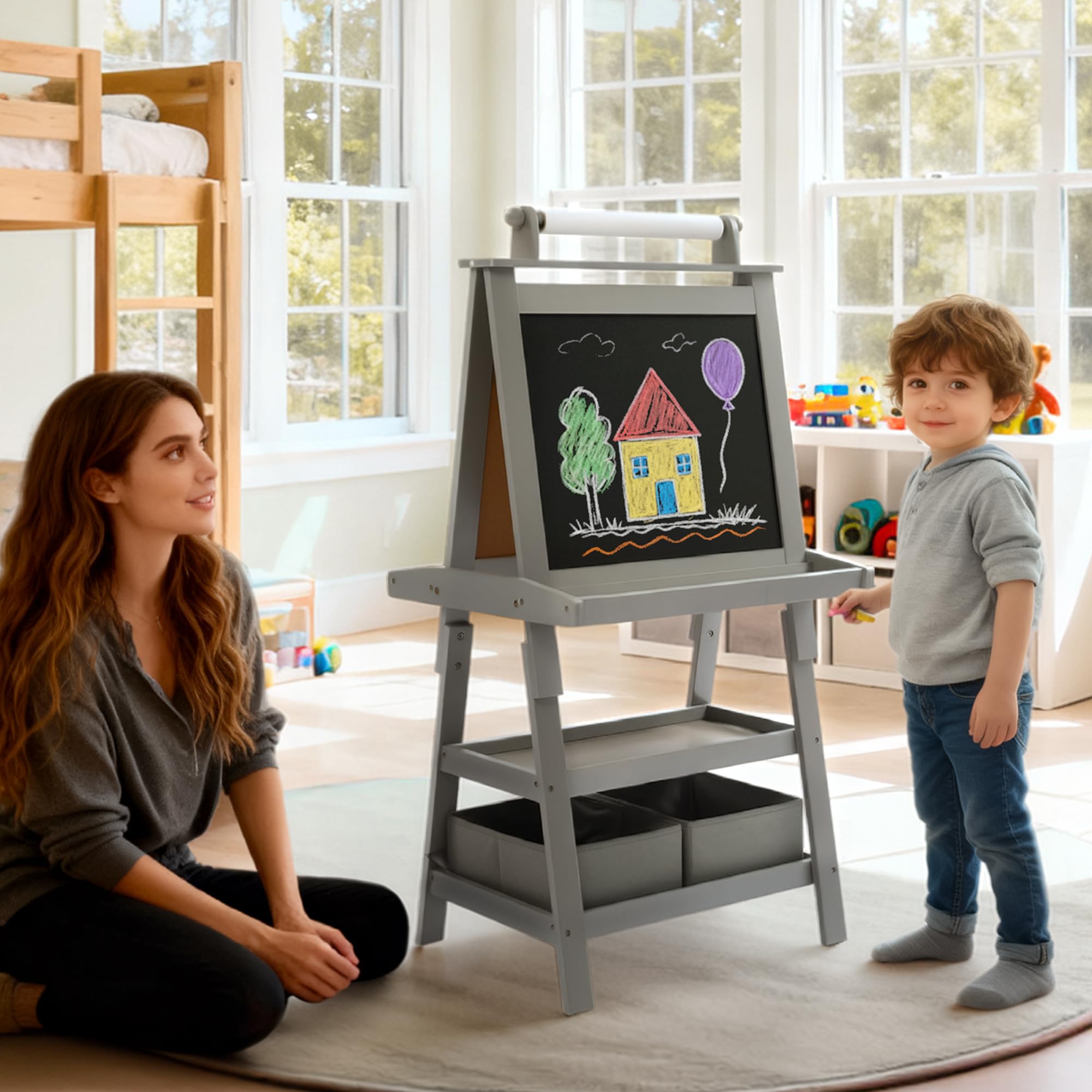 Kinder King 3 in 1 Kids Art Easel w/Storage, Double-Sided Magnetic Whiteboard & Chalkboard, Dry-Erase Board w/Paper Roller, Toddler Children Standing Easel for Painting & Drawing, Accessories(Grey)