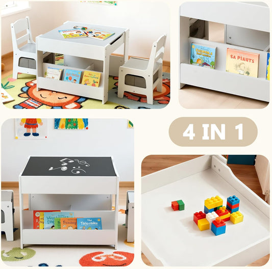 Kinder King Kids Wood Table & 2 Chairs Set, 4 in 1 Children Activity Table w/Double Bookcase, Blackboard, Toddler Furniture Set for Art, Crafts, Drawing, Reading, Playroom, Grey