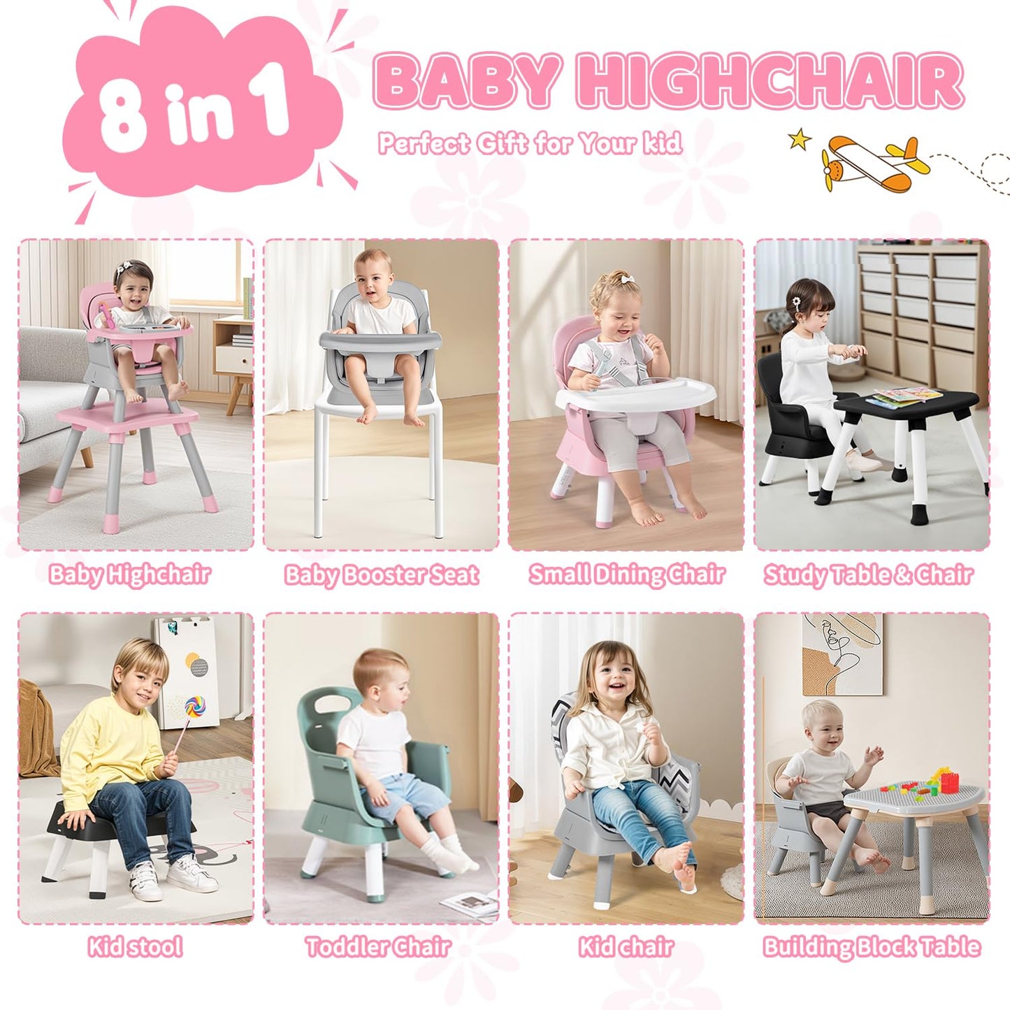 Kinder King 8 in 1 Baby High Chair, Coverts to Dining Booster Seat/Kids Table & Chair Set/Toddler Building Block Table/Kids Stool, Removable Tray & Double Seat Cover, Easy to Wipe, Pink & White