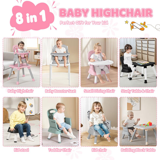Kinder King 8 in 1 Baby High Chair, Coverts to Dining Booster Seat/Kids Table & Chair Set/Toddler Building Block Table/Kids Stool, Removable Tray & Double Seat Cover, Easy to Wipe, Pink & White
