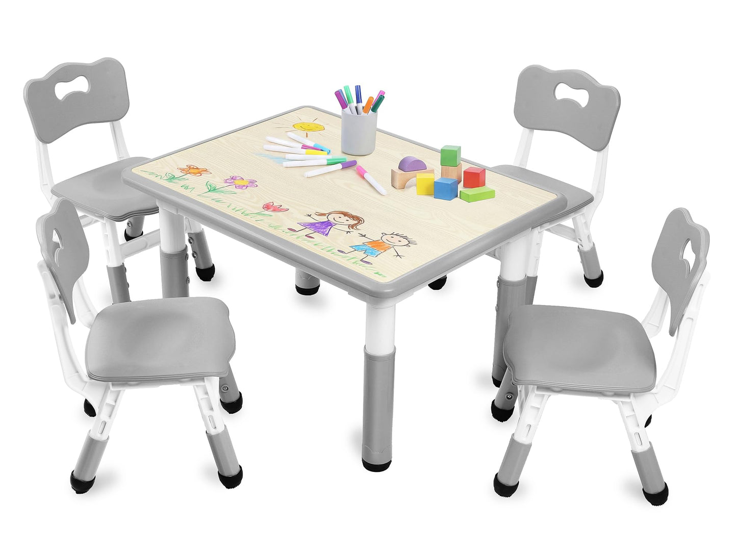 Kinder King Kids Table & 4 Chairs Set, Height Adjustable Children Activity Table w/Graffiti Tabletop, Toddler Furniture Set for Classroom, Daycare, Home, Age 3+, Grey
