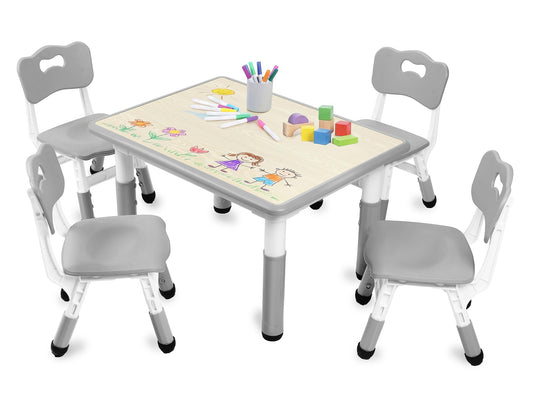 Kinder King Kids Table & 4 Chairs Set, Height Adjustable Children Activity Table w/Graffiti Tabletop, Toddler Furniture Set for Classroom, Daycare, Home, Age 3+, Grey