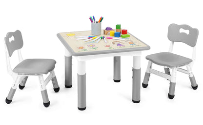 Kinder King Kids Table & 2 Chairs Set, Height Adjustable Children Activity Table, Graffiti Tabletop, Toddler Furniture Set for Classroom, Daycare, Home, Age 3+, Grey