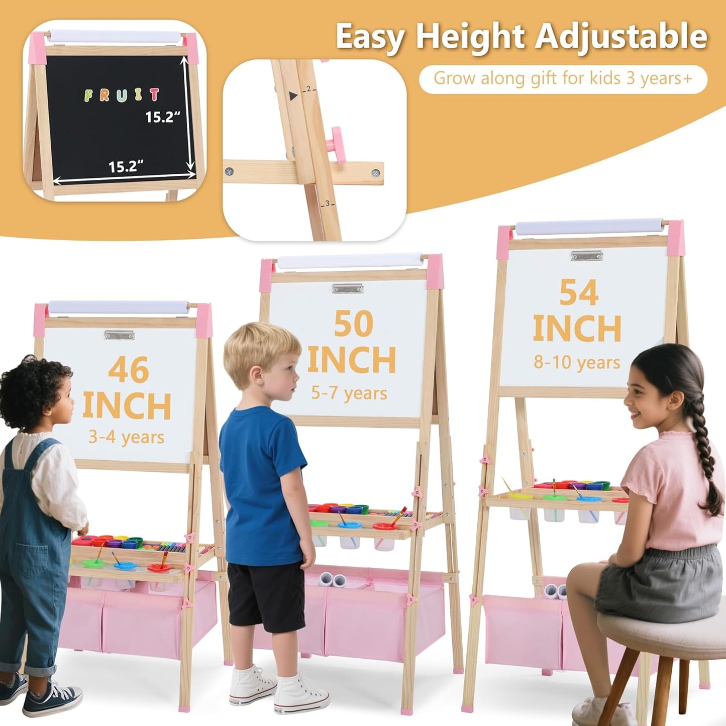 Kinder King 3 in 1 Wooden Kids Easel, Adjustable Art Easel for Kids, Double-Sided Magnetic Whiteboard & Chalkboard, Paper Roller, Art Supplies, Coloring Drawing Easel Toddler Gift Ages 3+, Pink