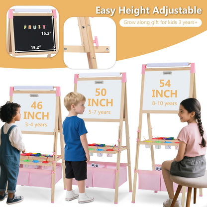 Kinder King 3 in 1 Wooden Kids Easel, Adjustable Art Easel for Kids, Double-Sided Magnetic Whiteboard & Chalkboard, Paper Roller, Art Supplies, Coloring Drawing Easel Toddler Gift Ages 3+, Pink