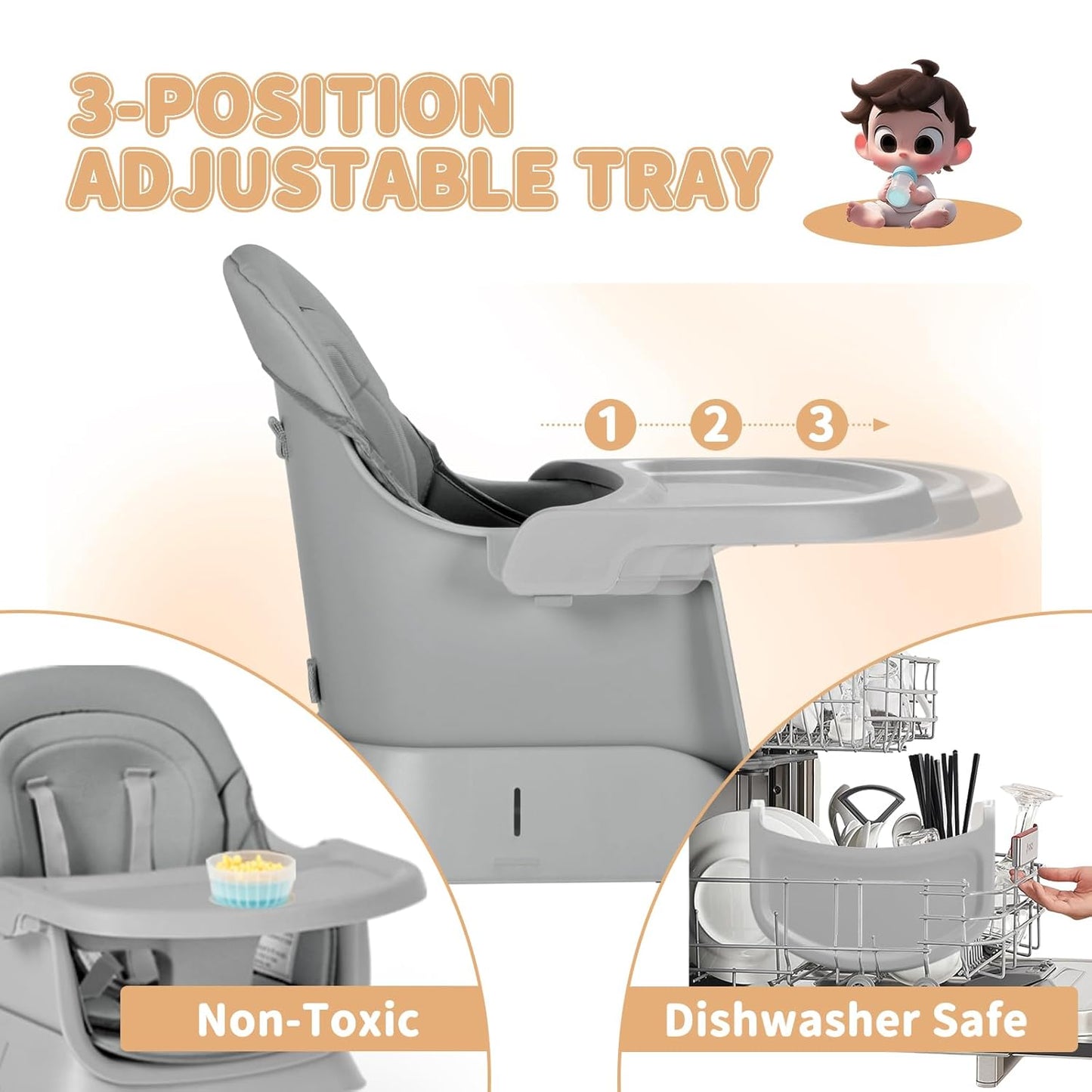 Kinder King Baby High Chair, 8 in 1 Coverts to Dining Booster Seat/Kids Table & Chair Set/Toddler Building Block Table/Kids Stool, Removable Tray & Double Seat Cover, Easy to Wipe, Grey