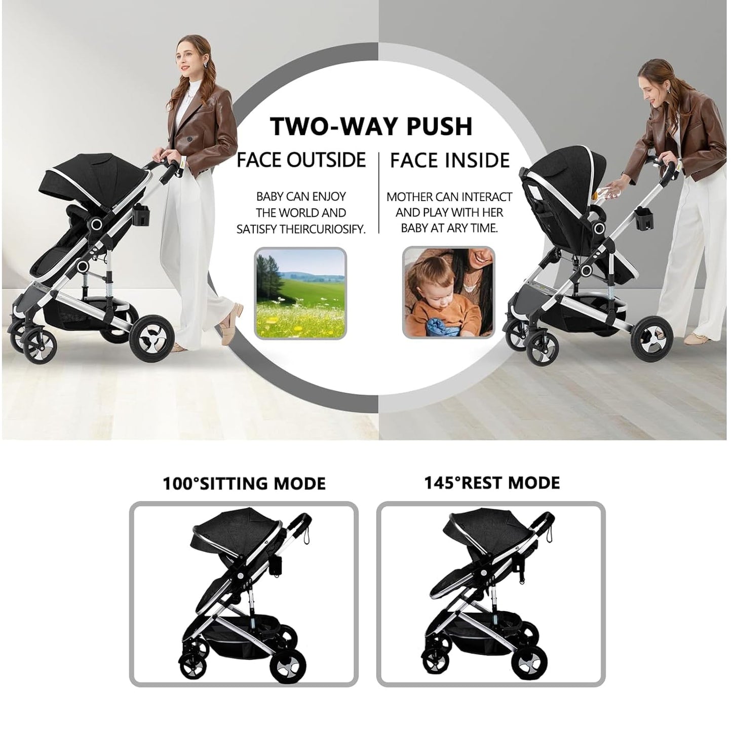Kinder King 2 in 1 Convertible Baby Stroller, Folding High Landscape Infant Carriage, Adjustable Canopy, Diaper Bag, Anti-Shock Toddler Pushchair Stroller, Black