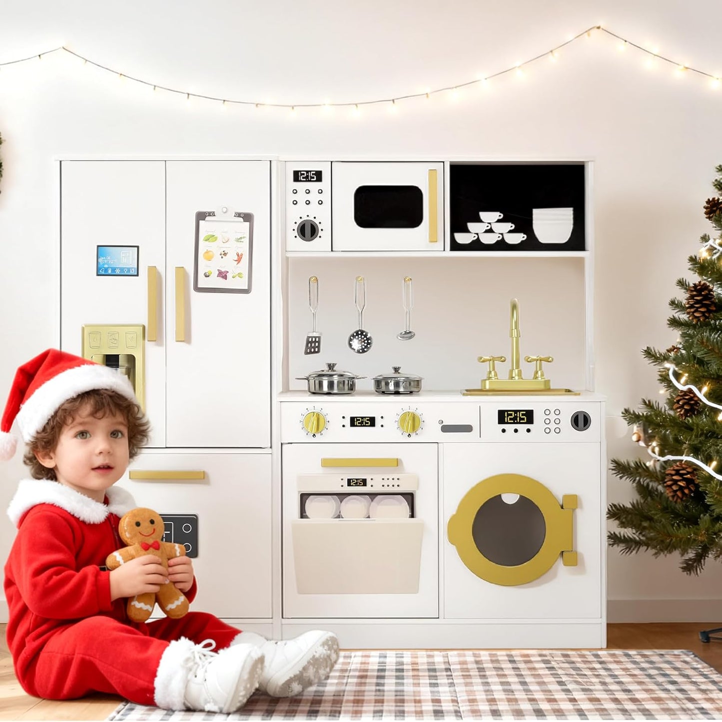 Kinder King Wooden Kids Play Kitchen, Toy Kitchen Playset for Toddler, Play Kitchen Set w/Transparent Coloring Board, Pretend Fridge, Washing Machine, Ice Maker, Gift for Boys Girls Age 3+, White