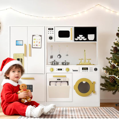 Kinder King Wooden Kids Play Kitchen, Toy Kitchen Playset for Toddler, Play Kitchen Set w/Transparent Coloring Board, Pretend Fridge, Washing Machine, Ice Maker, Gift for Boys Girls Age 3+, White
