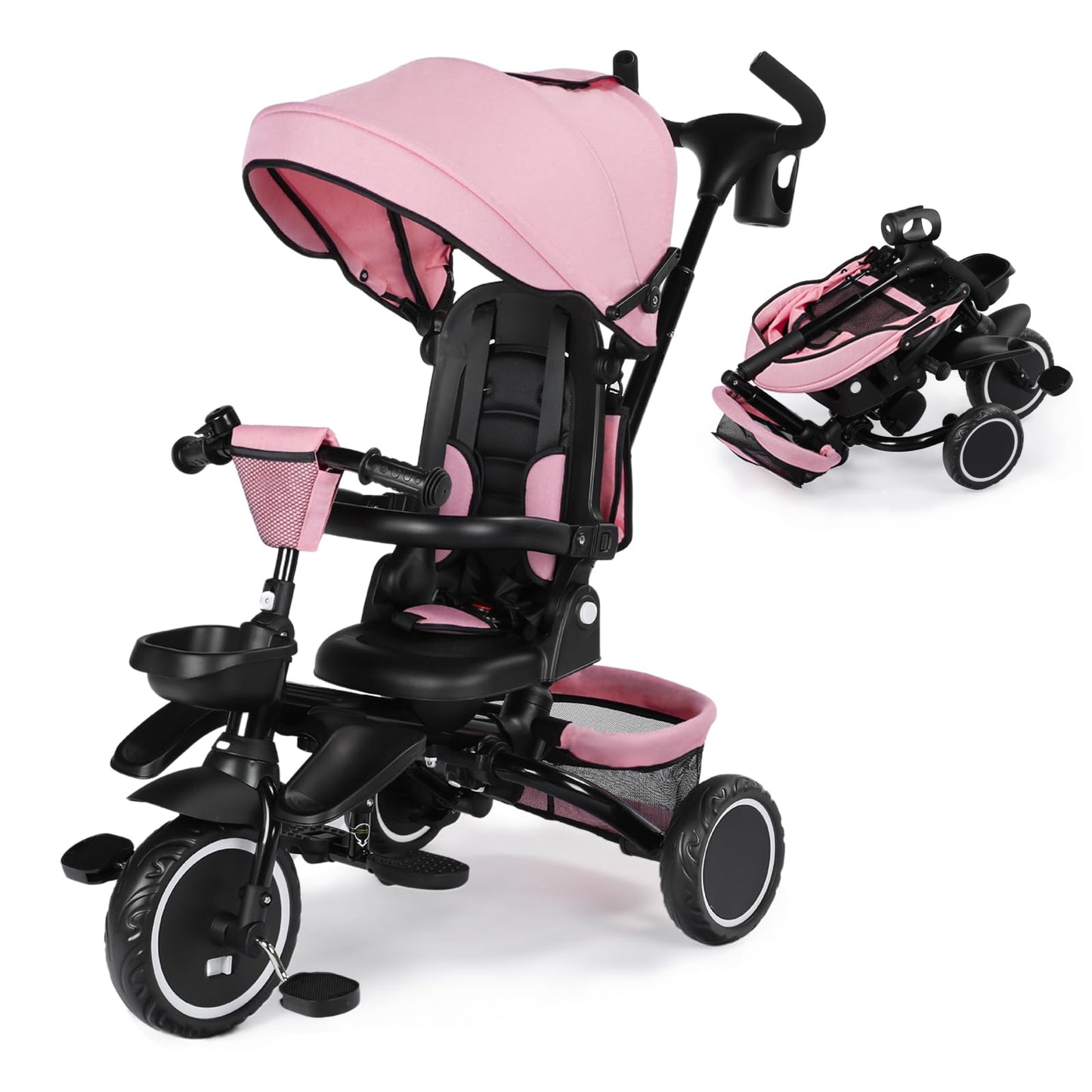 Kinder King Kids Tricycle, 8 in 1 Folding Toddler Trike w/Adjustable Push Handle, Rotatable Seat, Adjustable Canopy, Bell, Five-Point Harness, Storage, Bike Tricycle for Toddlers 1-3, Pink