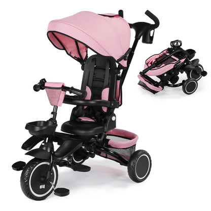Kinder King Kids Tricycle, 8 in 1 Folding Toddler Trike w/Adjustable Push Handle, Rotatable Seat, Adjustable Canopy, Bell, Five-Point Harness, Storage, Bike Tricycle for Toddlers 1-3, Pink