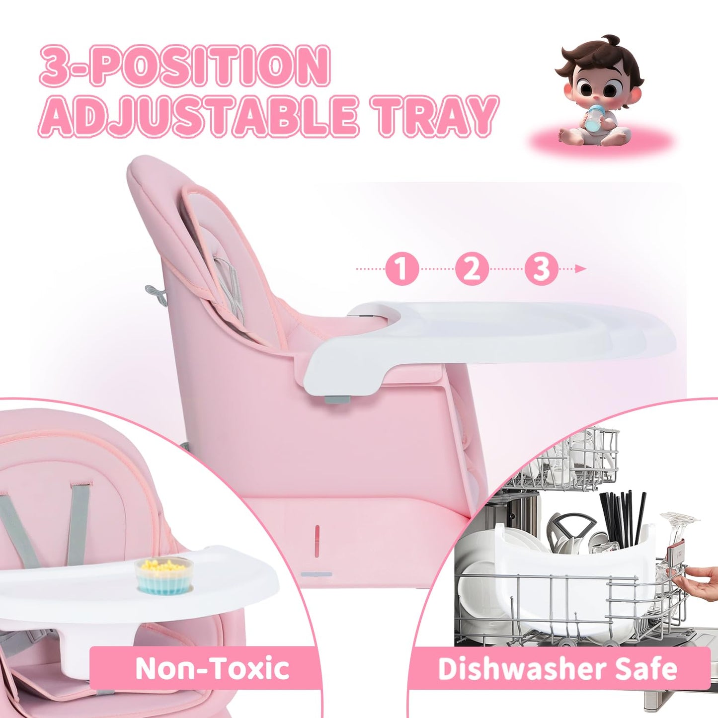 Kinder King 8 in 1 Baby High Chair, Coverts to Dining Booster Seat/Kids Table & Chair Set/Toddler Building Block Table/Kids Stool, Removable Tray & Double Seat Cover, Easy to Wipe, Pink & White