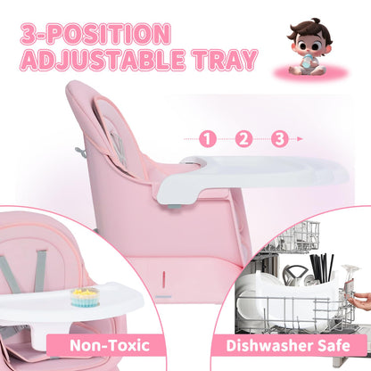 Kinder King 8 in 1 Baby High Chair, Coverts to Dining Booster Seat/Kids Table & Chair Set/Toddler Building Block Table/Kids Stool, Removable Tray & Double Seat Cover, Easy to Wipe, Pink & White